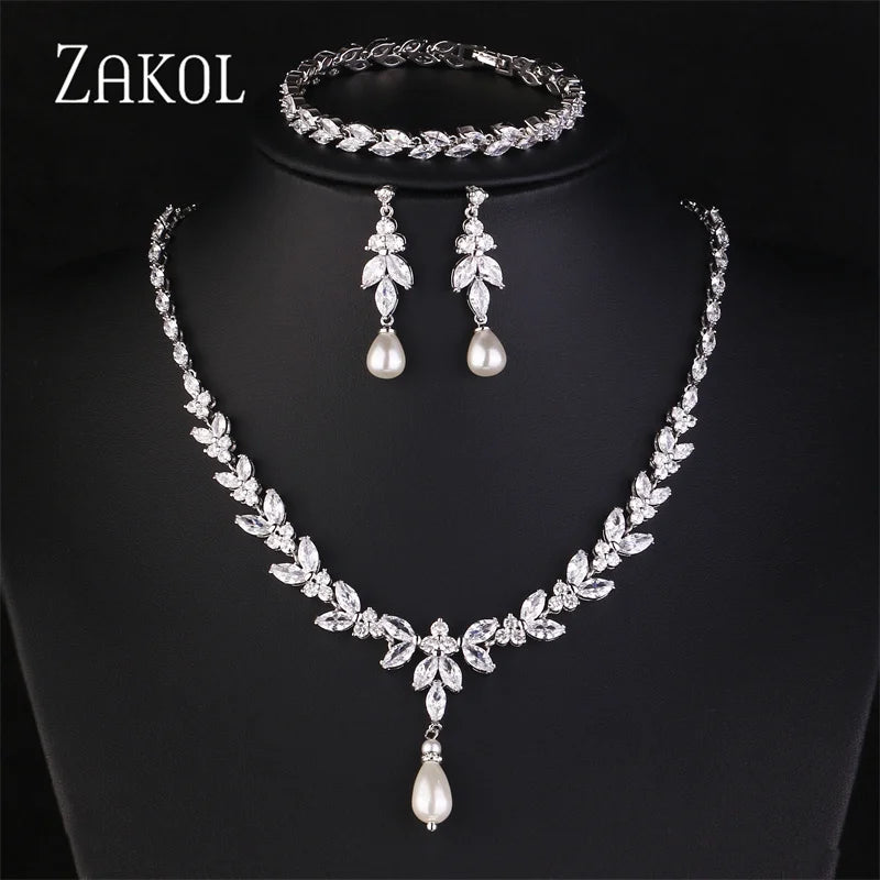 ZAKOL Luxury Brilliant Zirconia Leaf Necklace Earrings Rings Bracelets Set for Women CZ Drop Bridal Wedding Jewelry Sets New