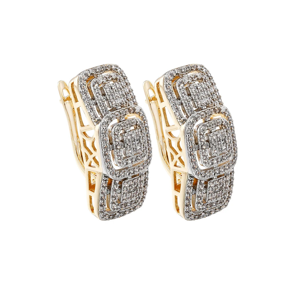 Square inlaid zircon large earrings and ring set copper-plated 14K gold ladies elegant fashion jewelry three-piece set