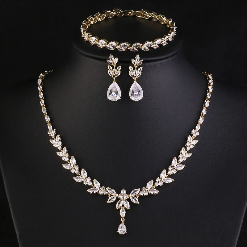 ZAKOL Luxury Cubic Zirconia Necklace Earrings Rings Set for Women Shinny Water Drop Leaf CZ Bridal Wedding Jewelry Sets