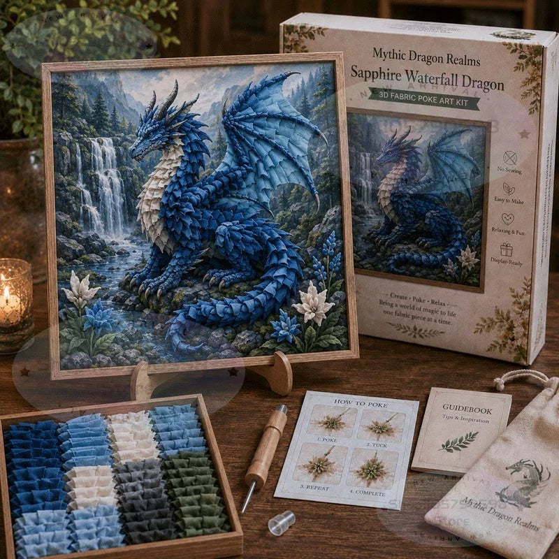 Mythic Dragon Realms 3D Fabric Poke Art Kit, DIY Punch Needle Dragon Craft Kit with Wooden Frame, Fantasy Dragon Home Decor