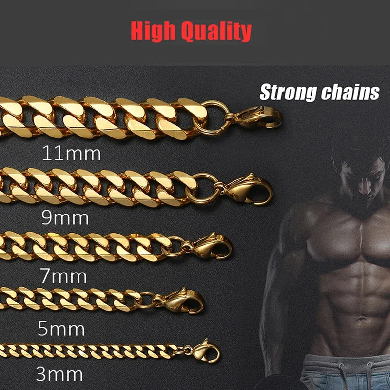 3/5/7/9/11mm Width Stainless Steel Men Women Six-side Chain Necklace Gold Silver Plated Unisex  Jewelry Wholesale Drop Shipping