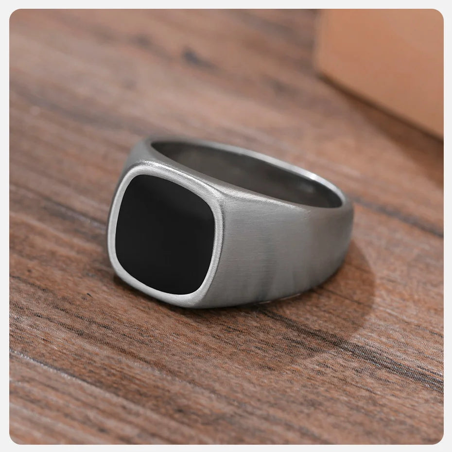 Vnox 12.5mm Signet Ring for Men, Black Square Top Stainless Steel Finger Band, Gothic Punk Rock Boy Stamp Rings