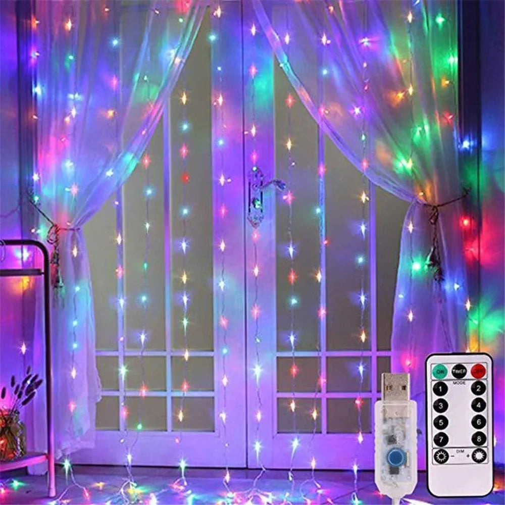 1pc 6x3/3x3/3x2/3x1m USB LED Curtain String Lights Bedroom Christmas Garland Fairy Lamp Wedding Party Home Decoration Lighting