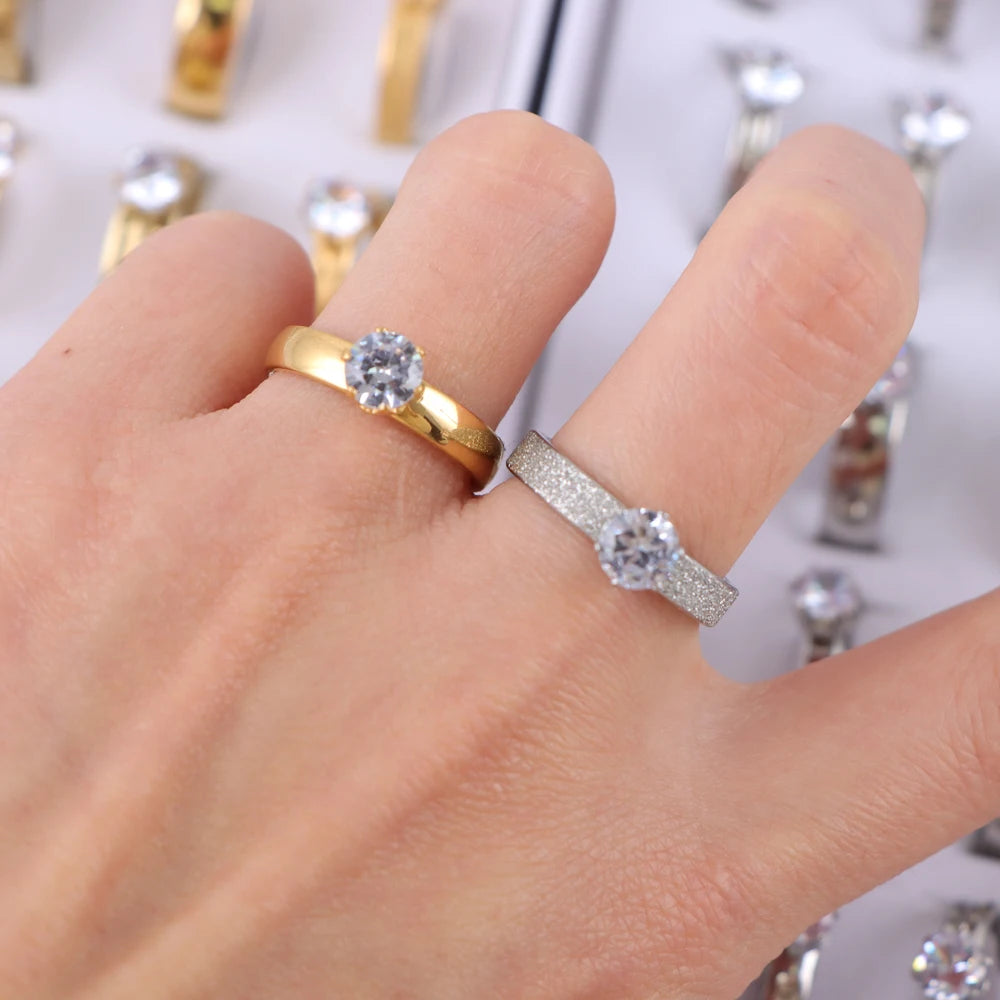 10/20/30/50Pcs/Lot Fashion Elegant Inlaid Stainless Steel Ring With Rhinestone High-end Women's Proposal Engagement Jewelry Gift