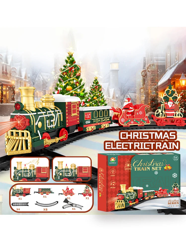 HUIQIBAO Christmas Tree Electric Train Tracks Set Santa Claus Cargo Cars With Xmas Sounds Lights Toys For Adult New Year Gift