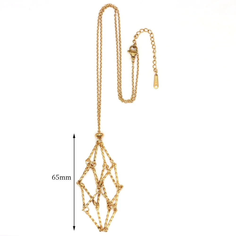 Crystal Cage Necklace Empty Stone Holder Wax Rope Stainless Steel Chain Adjustable Pendant Net Bag Natural Gem Jewelry Accessory