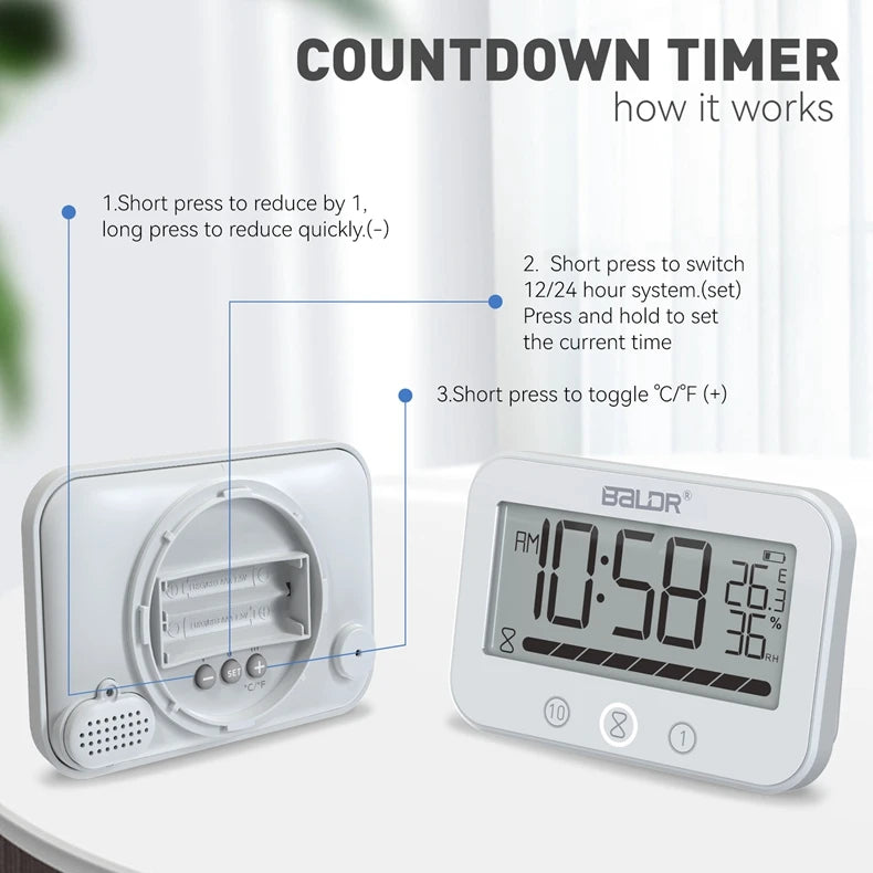 BLADR Touch Digital Shower Hygrometer Thermometer P54 Waterproof LCD Bathroom Kitchen Audible Atomic Alarm Clock Countdown Timer