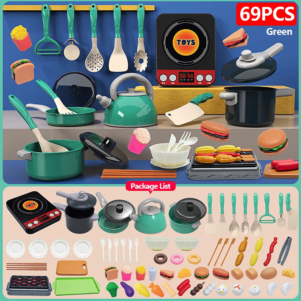 Kids Play Kitchen Toys Set Mini 92/69/59 PCS Pretend Cooking Food with Pots Pans Utensils for Toddlers Girls Boys Children Gift