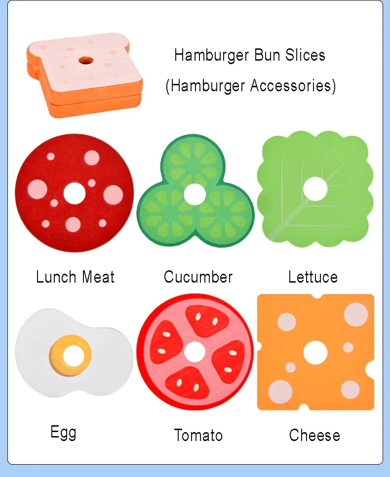 Children Pretend Play Kitchen Wooden  Toys Hamburger Sandwich Simulation Food Matching Games Montessori Educational Stacking Toy