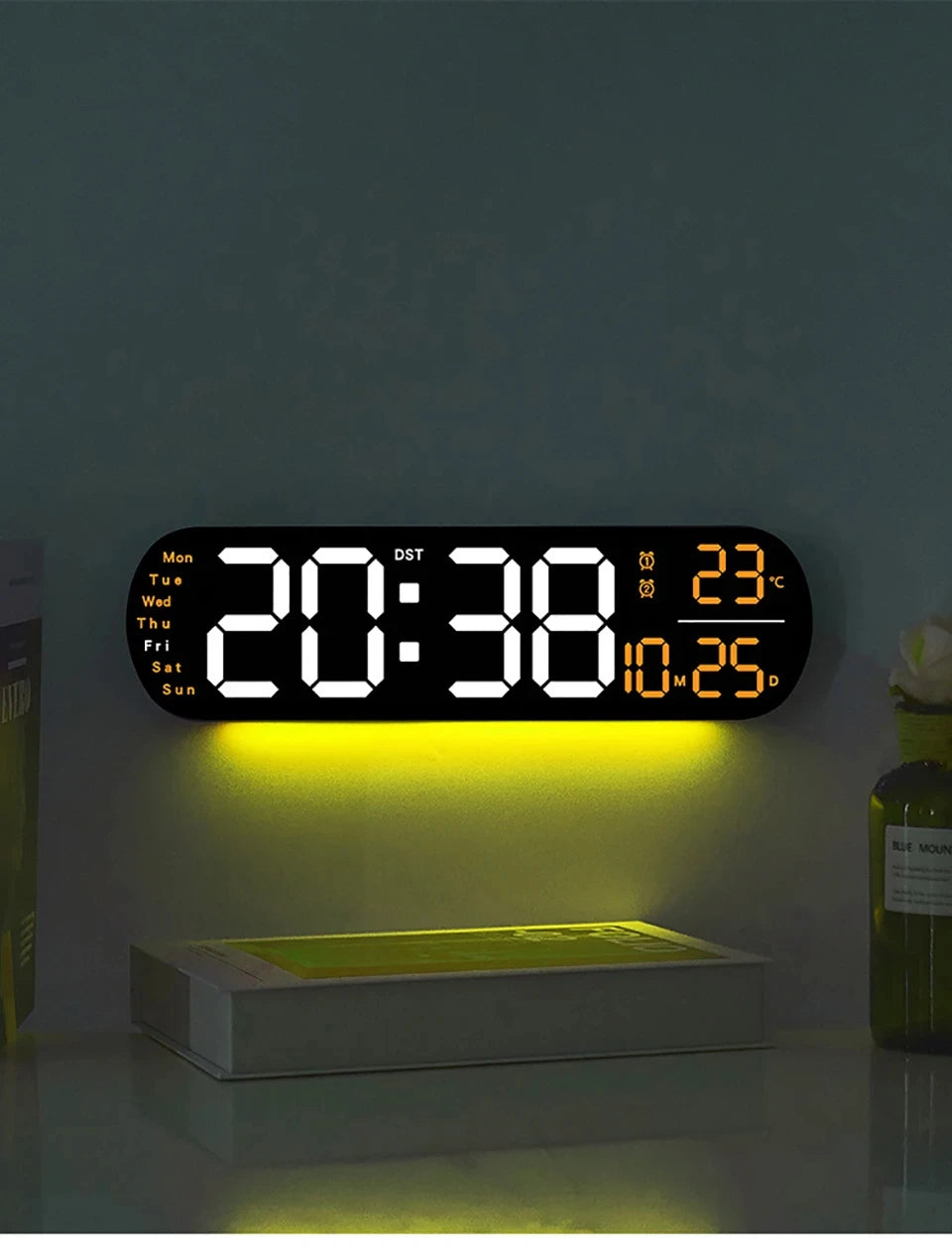 LED Digital Wall Clock With Remote Control Ambient Lights Time Date Temperature Display Alarm Clocks For Home Living Room Decor