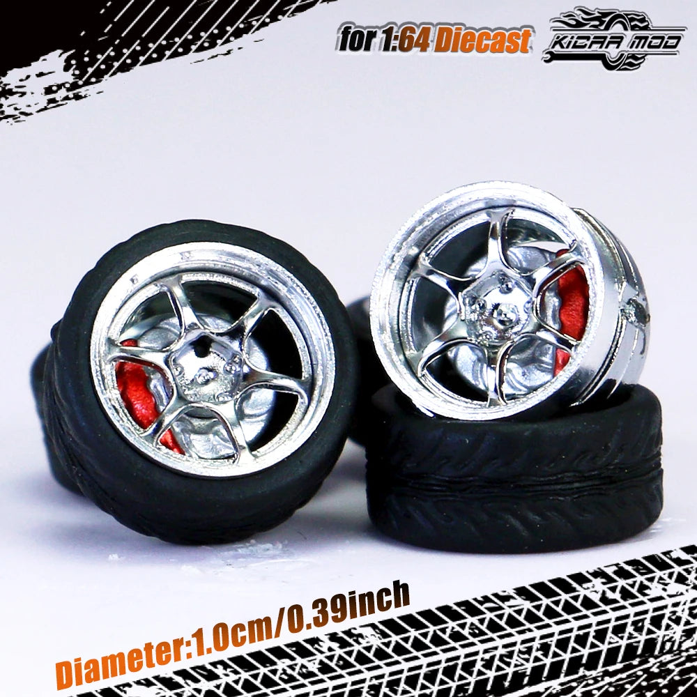 Kicarmod 1/64 Model Car ABS Wheels with Rubber Tire Brake Disc Metal Rims Diameter 10mm Refitting Parts For Model Car