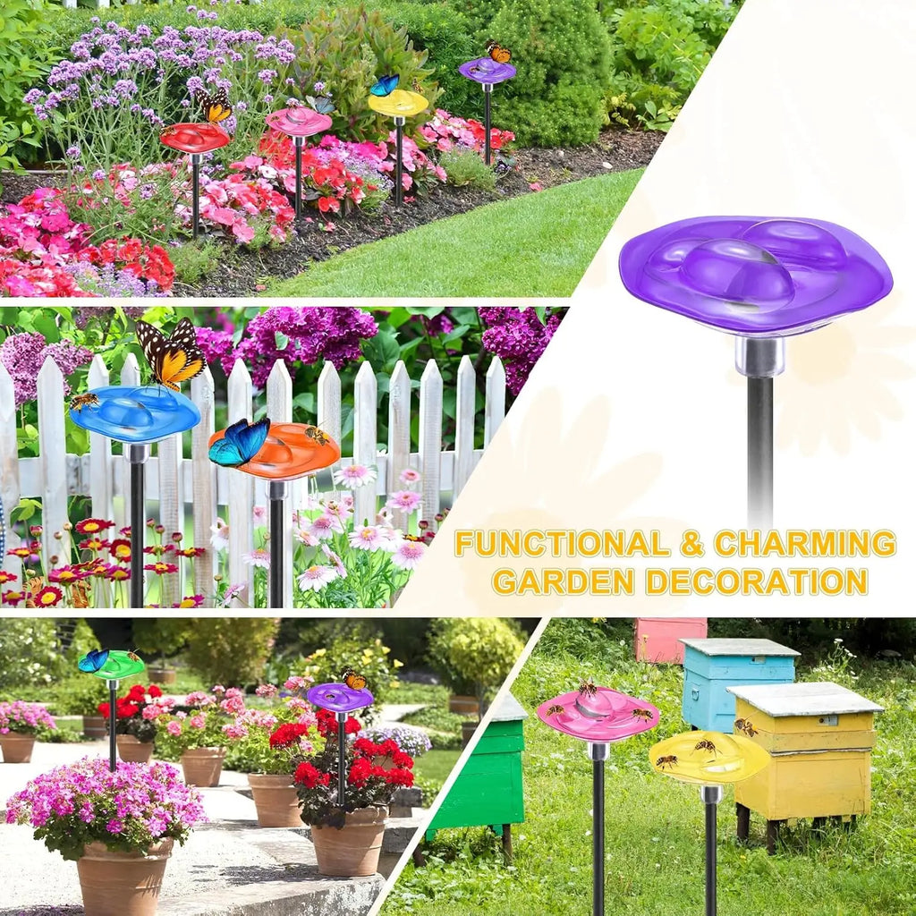2Pcs Vibrant Floral Bee Water Station with Beads Outdoor Garden Insect Butterfly Drinking Cup Hummingbird Feeder Yard Art Decor