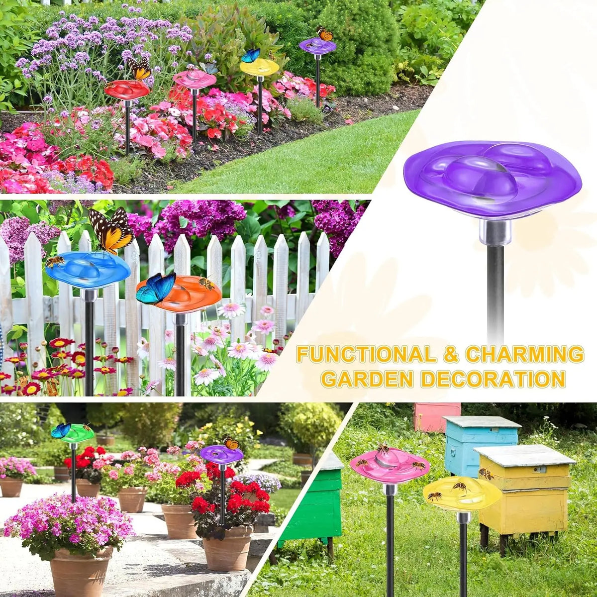 2Pcs Vibrant Floral Bee Water Station with Beads Outdoor Garden Insect Butterfly Drinking Cup Hummingbird Feeder Yard Art Decor