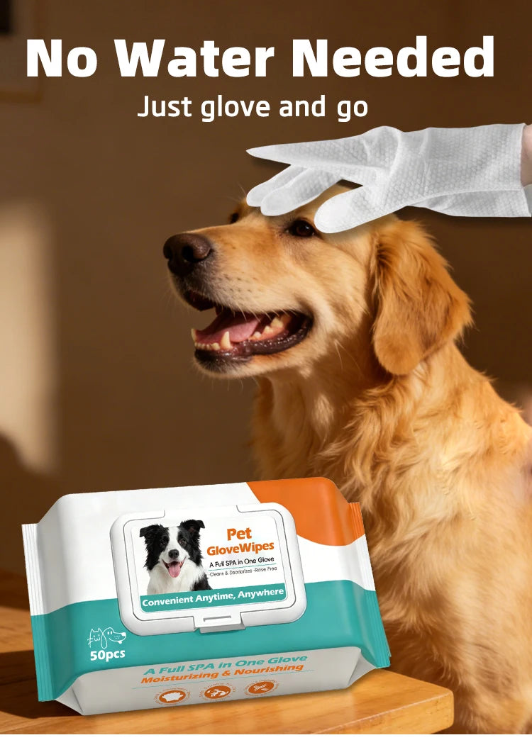 50 Pcs/Bag Pet No-Rinse Gloves, Disposable Dry-Clean Wipe Mitts Specially for Cats and Dogs, Convenient and Time-Saving