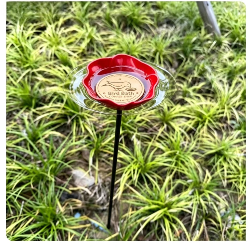 Garden Metal Flower Bird Bath Stake with Copper Bird Water Cleaner Disk Outdoor Yard Bird Water Bowl Bird Feeder Garden Ornament