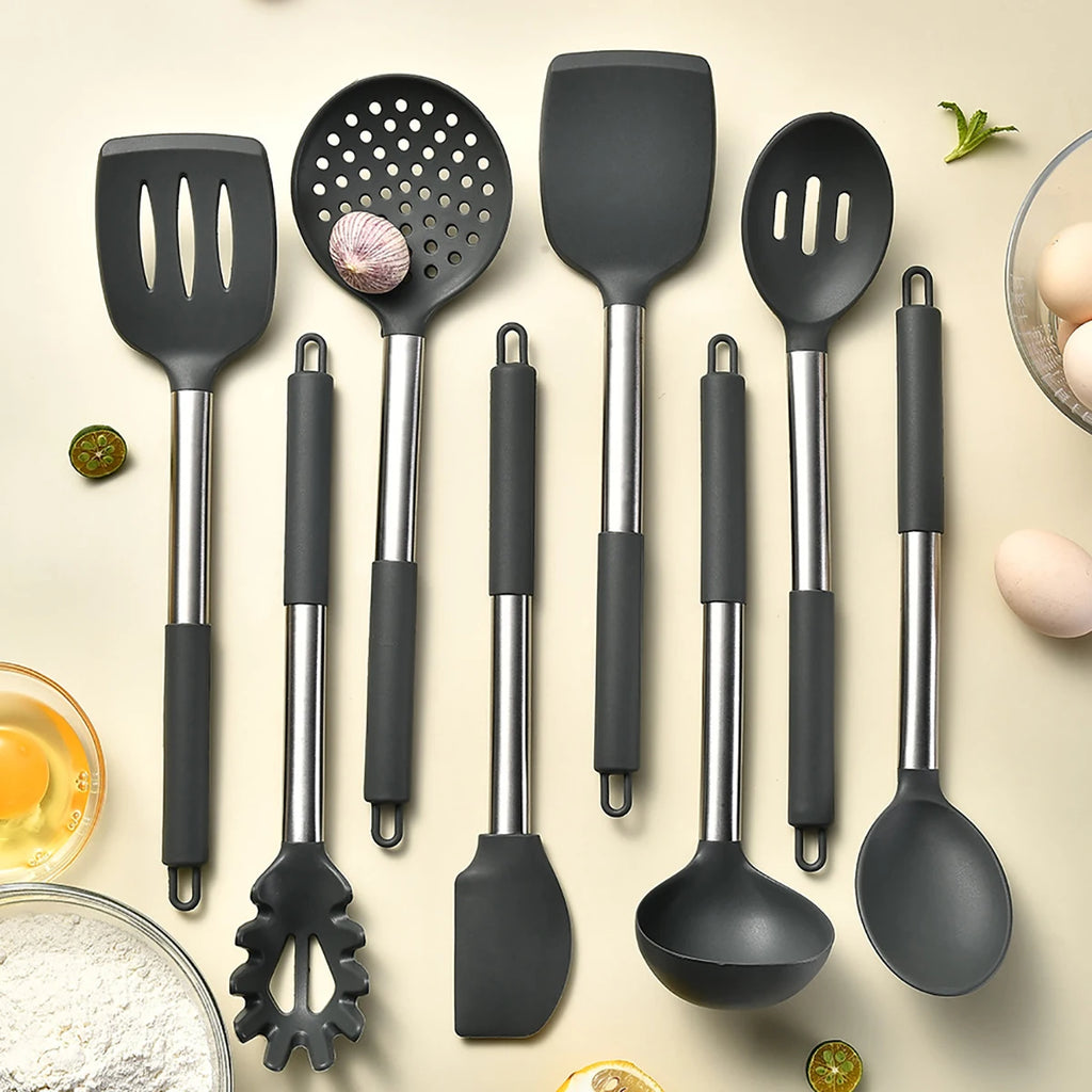 2/4/6/8pcs Silicone Kitchenware Set Stainless Steel Hand Shovel Soup Spoon Spaghetti Claw Cooking Set Household Kitchen Tool Set