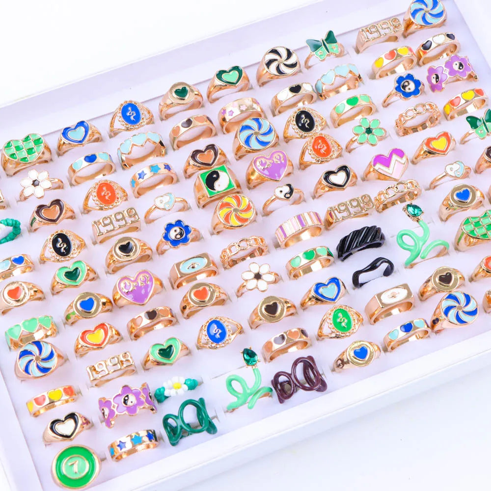 10/20/30/50/100Pcs/Lot Retro Punk Bohemian Rhinestone Carve Rings For Women Mix Style Jewelry Party Gifts Accessories Wholesale
