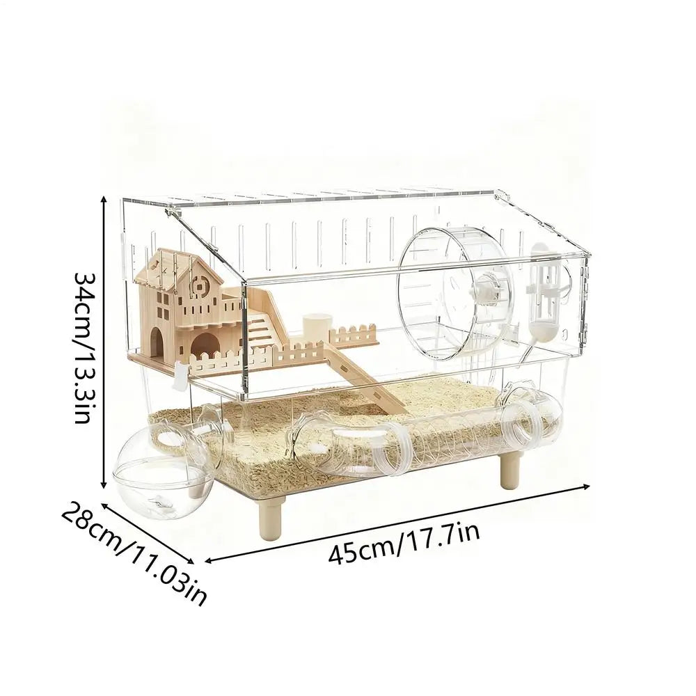Hamster Habitat 2-Layer Clear Habitat 17.7x11x13.3 Inch Acrylic Small Animal House for Monitoring Breeding Hedgehog Ferret