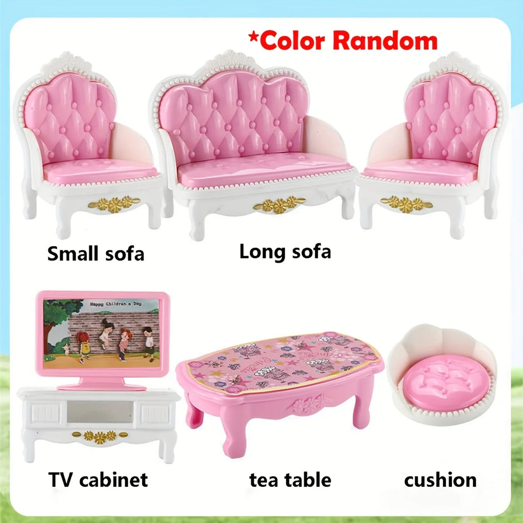 Pink Miniature Dollhouse Furniture Accessories Set Mini House Furniture Room Collection with Bedroom Living Room Kitchen Bathrom