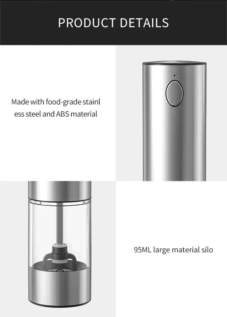 USB Rechargeable Automatic Pepper Grinder Salt And Pepper Mill Adjustable Coarseness Spice Grinder with LED Light for Kitchen