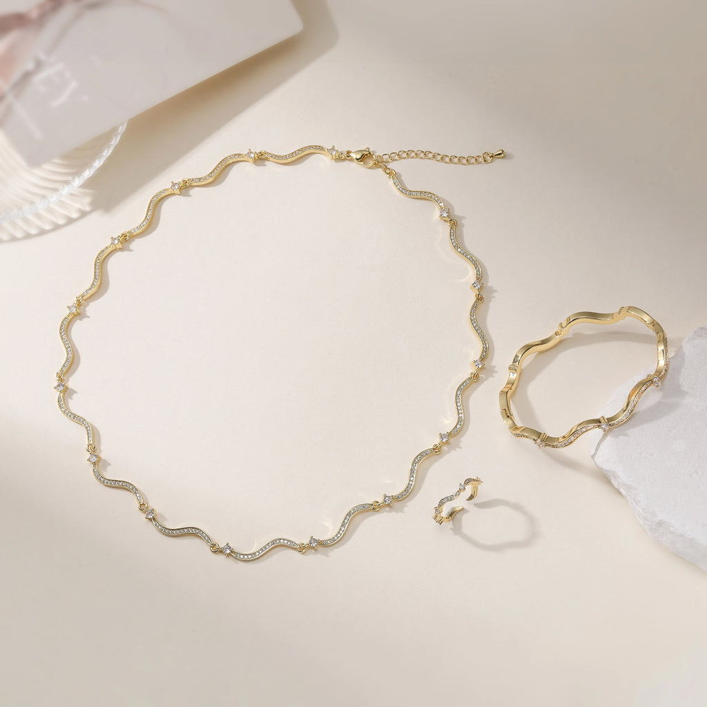 HECHENG,Korean Minimalist Style Fashion Wavy CZ Stone Chain Necklace/Bracelet/Ring Collar Jewelry Gift Selection 1 Pc