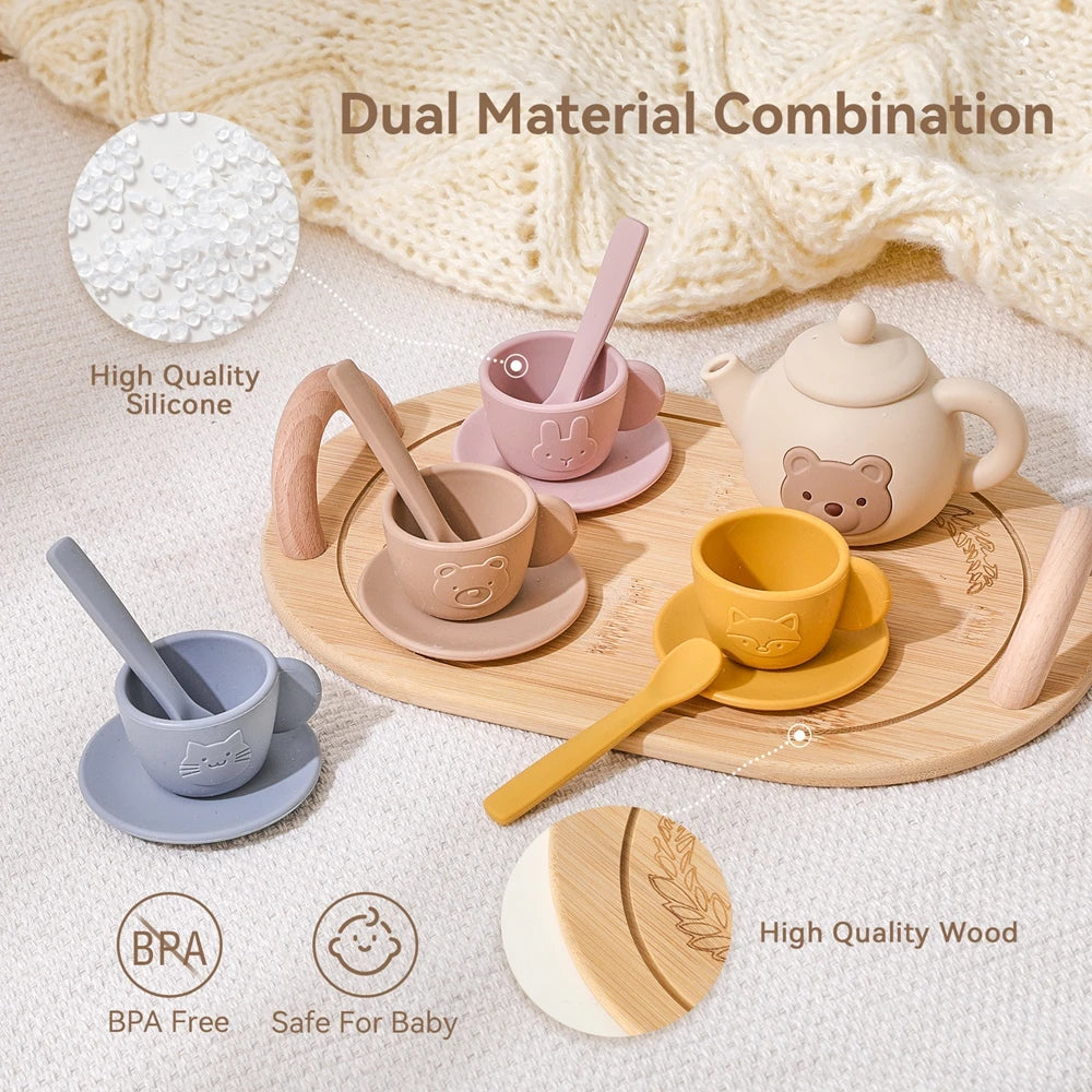 Kids Play House Toys Wooden Tea Set Pretend Make Tea Play With Teapot Teacup Afternoon Snack Role Playing Toys Boys Girls Gift