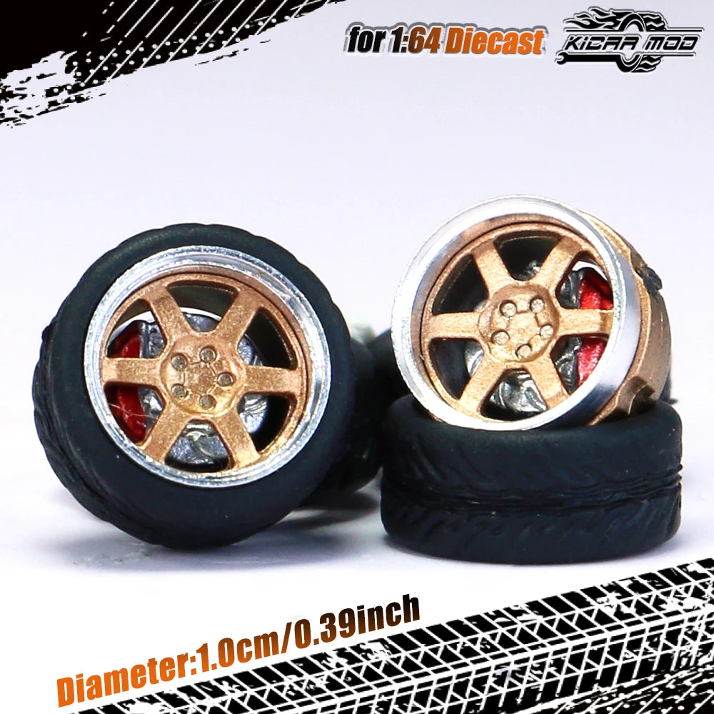 Kicarmod 1/64 Model Car ABS Wheels with Rubber Tire Brake Disc Metal Rims Diameter 10mm Refitting Parts For Model Car