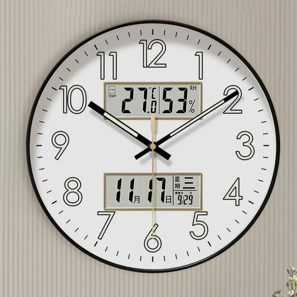 Non Ticking Wall Clock Round Wall Clock Glow In Dark Home Decor Featuring Calendar 10/12/14 Inch Large Digital Display Night