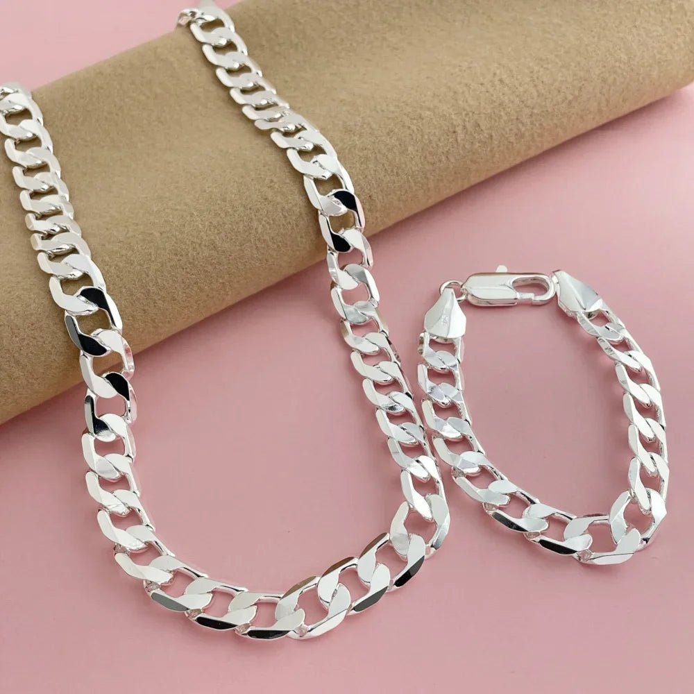 925 sterling silver 12MM side chain bracelet 23CM necklace jewelry set, suitable for men's daily wear
