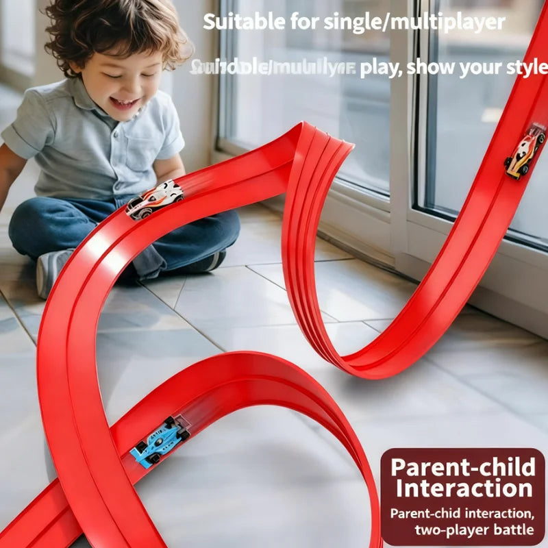 Parent Child Interactive Racing Car Flexible Track Roll Up Double Track Suction Cup Screen Free Educational Kids Gift