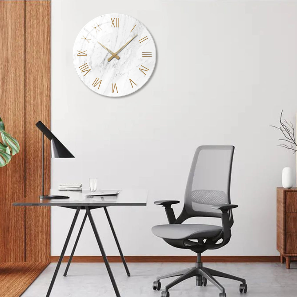 1pc 12 inch tempered glass wall clock, modern simple white marble texture gold Roman numerals design wall clock, home mute clock