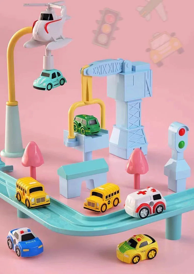 Hot Racing Rail Car Tracks Toy Game for Children Kids Train Board Adventure Parking Mechanical Toy for Boy Age 3+ Birthday Gift