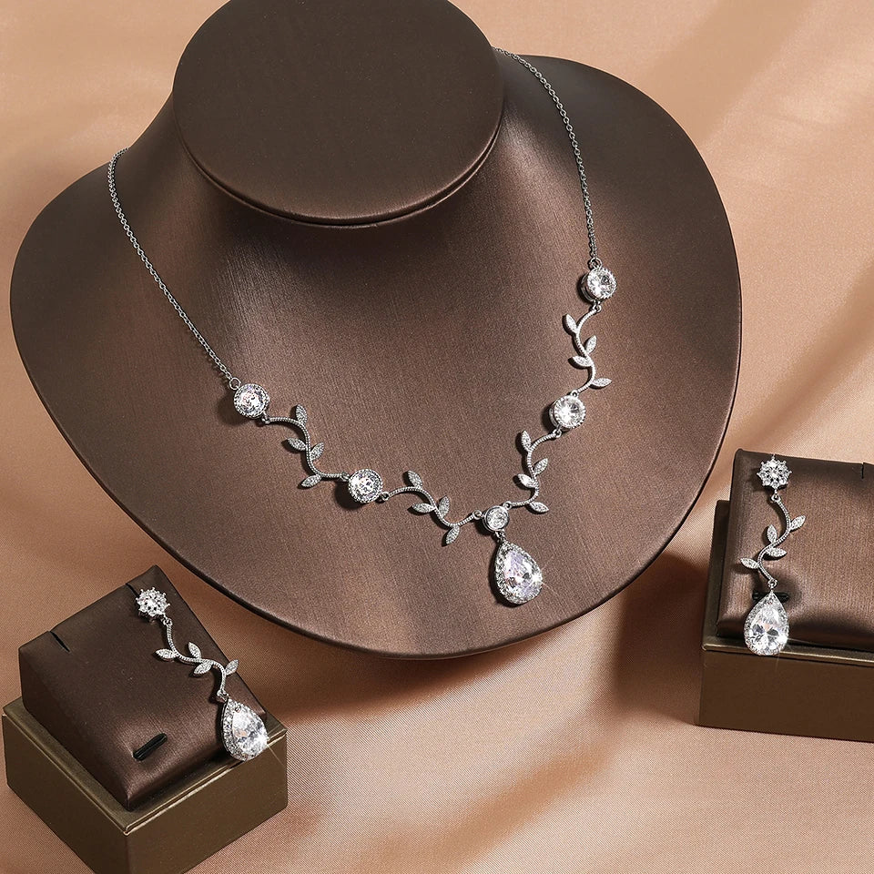 ZAKOL Classic White Rose Gold Color Cubic Zirconia  Bridal Jewelry Sets Leaf Shape Choker Earrings Wedding Dress for Women