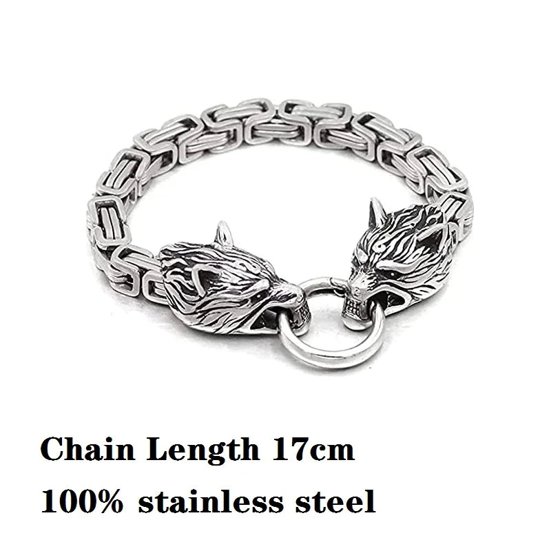 Stainless Steel Wolf Head Pendant Byzantine Emperor Chain Necklace Bracelet Set Norse Viking Amulet Thor Hammer King Jewelry
