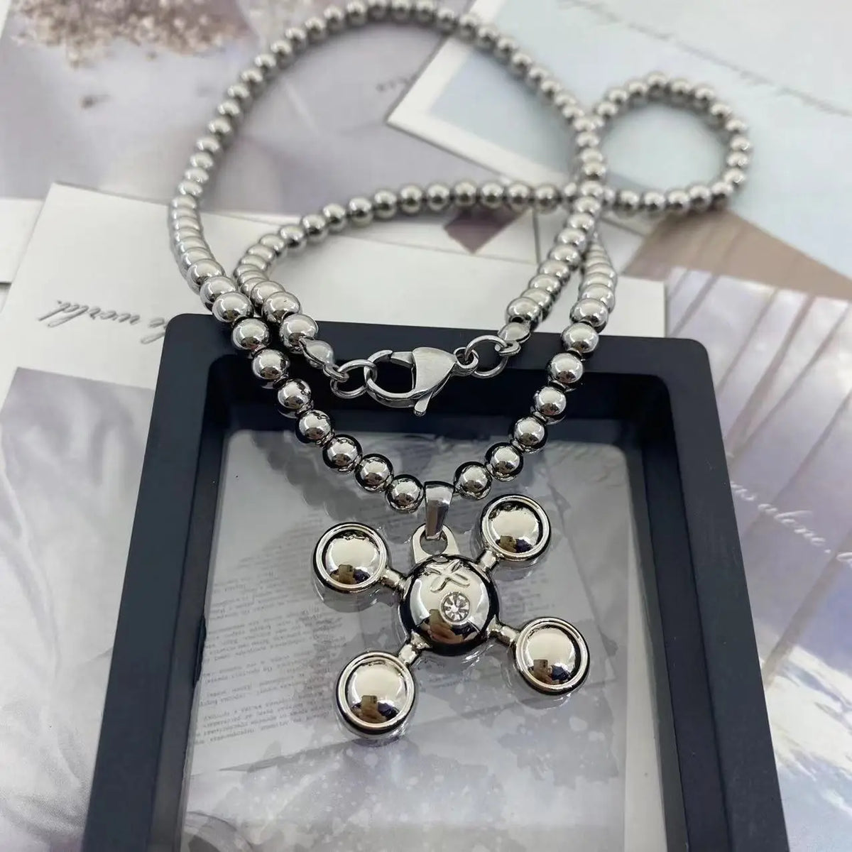 Fashion Stainless Steel Round Bead Chain Quadangle Ball Pendant  For Men Women Personality Niche Design Sense Necklace Gift