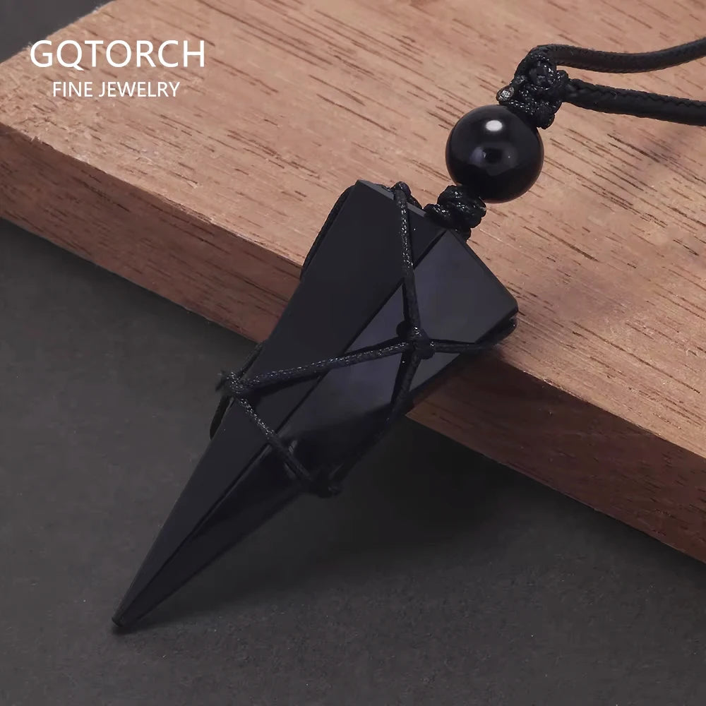 Natural Stone Geometric Pendant Necklace for Men Black Obsidian Blue Sandstone Adjusted Leather Rope Retro Vintage Jewelry