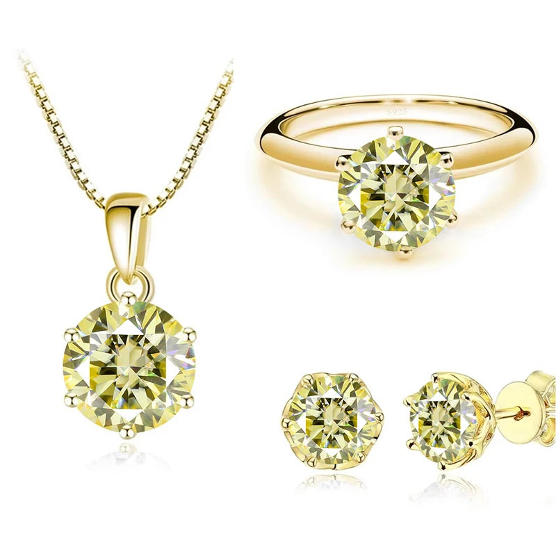 JoyceJelly 1Carat Moissanite Jewelry Set For Women Sterling S925 Silver Gold Plated Necklace Earrings Ring GRA Certified Wedding