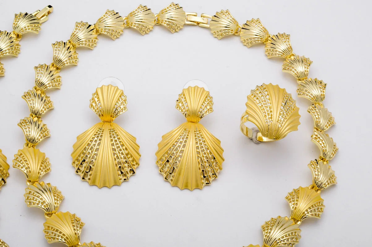 Sunny Jewelry Set Costume Shell Earrings Necklace Bracelet Ring Simple Design Gold Plated For Women Bridal Wedding Party