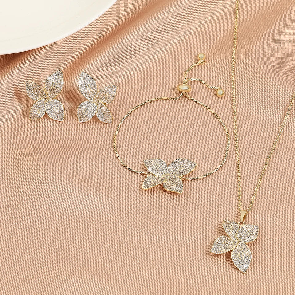 ZAKOL Luxury Micro Pave Setting Cubic Zirconia Leaf Earrings Ring Bracelet Necklace Gorgeous Dubai Jewelry Set For Dinner Party