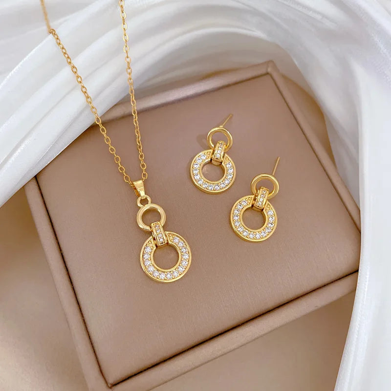 Stainless Steel Austrian Crystal Enamel Square Pendant Jewelry Sets Women African Costume Jewelry Maxi Necklace Earring Set