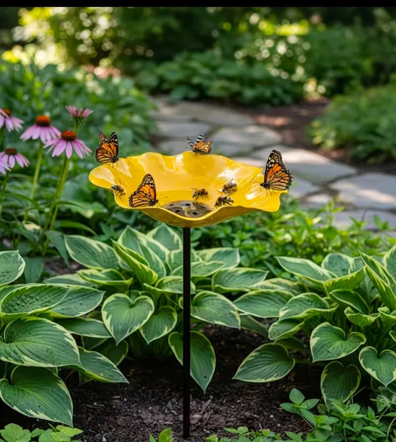 Garden Metal Flower Bird Bath Stake with Copper Bird Water Cleaner Disk Outdoor Yard Bird Water Bowl Bird Feeder Garden Ornament