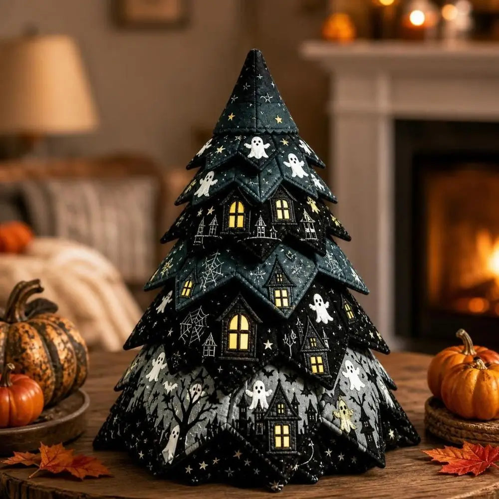 Vintage Halloween Quilted Fabric Tree Kit Pumpkin Ghost Black Cat Spider DIY Patchwork Tabletop Tree Set Tree Ornament 3D Thick