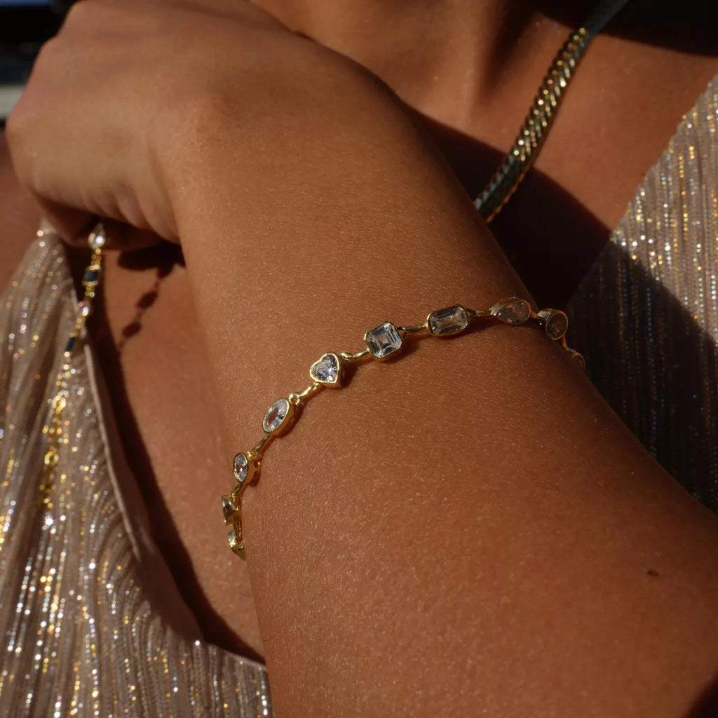 2025 New Trendy Women Jewelry Gold Color Geometric Various Shaped Bezel 5A Sparking CZ Tennis Chain Bracelet Necklace Set