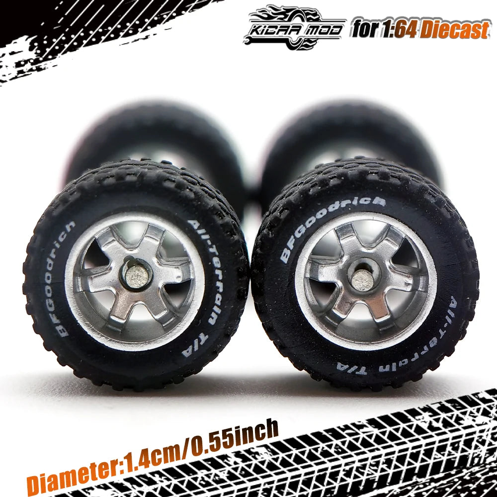1/64 14mm Rubber Tires Tyre Band Letter & Diecast Car Wheels for 1:64 Off-Road Dedicated to Pickup Trucks, Large Sedan (1 Set)