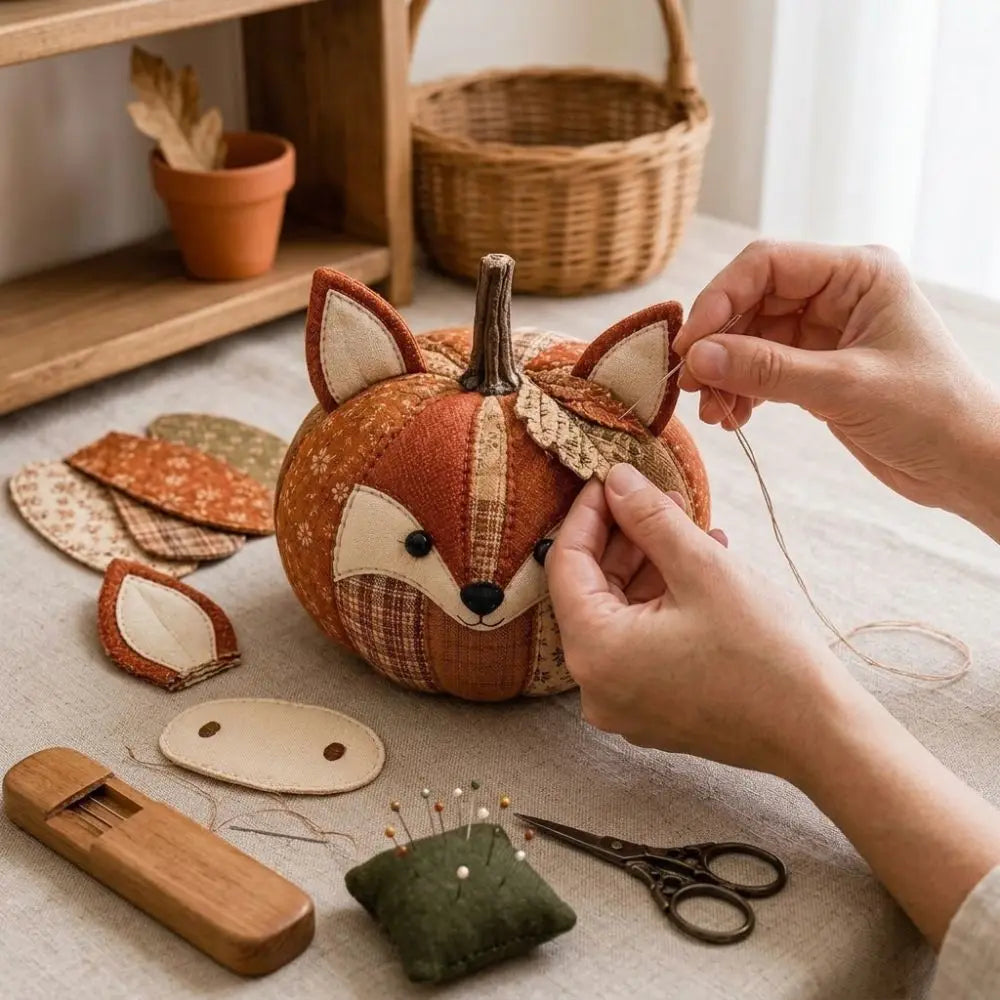Vintage Style Whimsical Patchwork Pumpkin Fabric Kit Owl Bear Floral Fabric Halloween DIY Sewing Kit Stress Craft Cow Cat