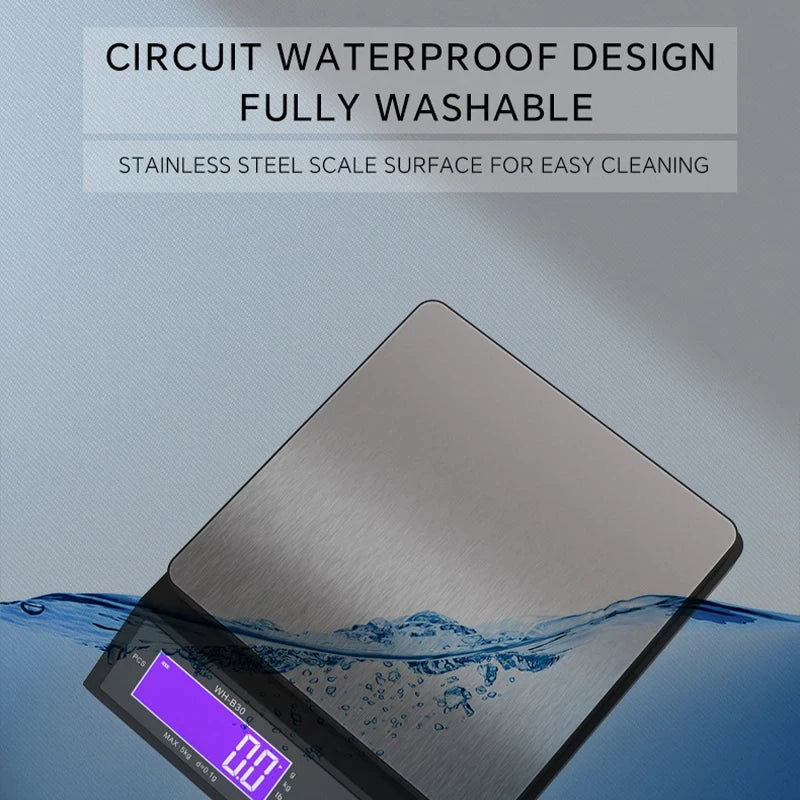 5kg/10kg Rechargeable Kitchen Scale Fully Waterproof LCD Display Stainless Steel Electronic Scale Household Weighing Baking Tool