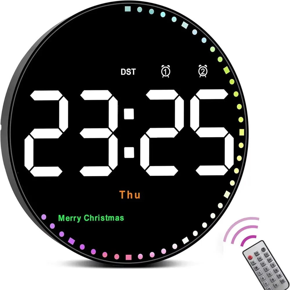 WOKLOK Remote Control 10 inch Colorful Led Wall Calendar Clock for Home Decoration with Temperature Display and Dual Alarms