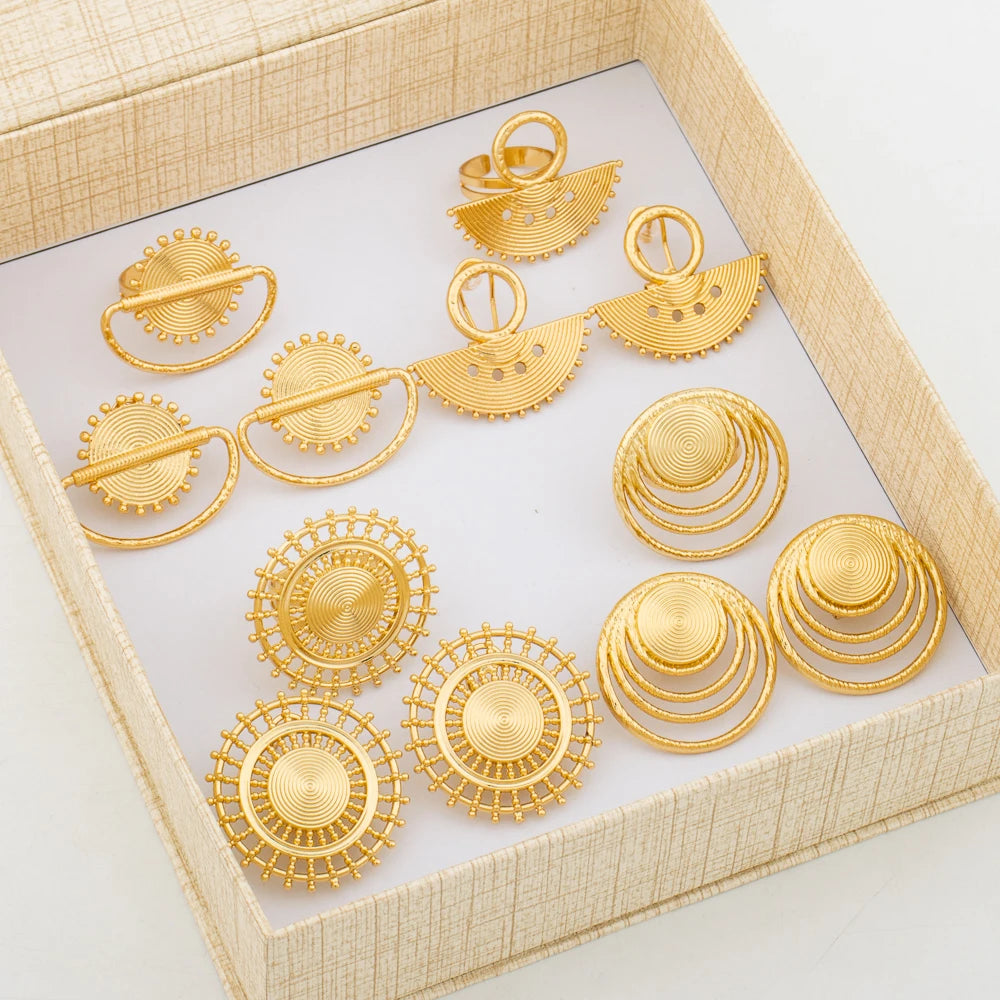 Trend Earrings and Ring Jewelry Set for Women18k Gold Plated Clip Earring and Finger Ring Set for Party Engagement Wedding Bride