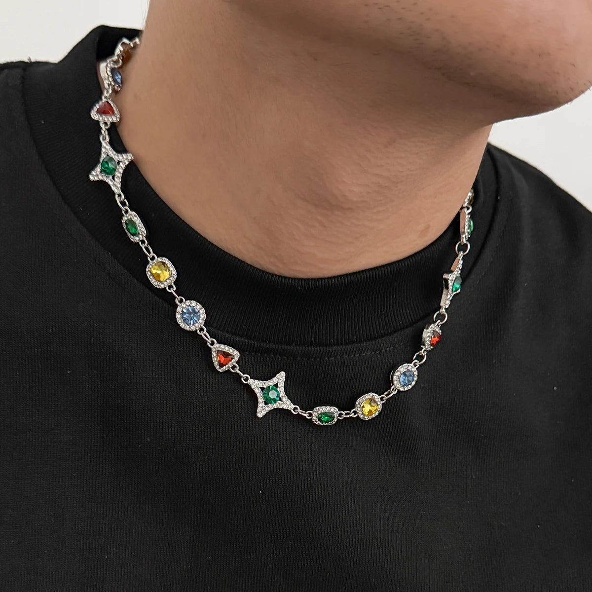 Ingemark Boho Luxury Colorful Crystal Chain Necklace Bracelet for Men Exquisite Creative Adjustable Link Couple Jewelry Set New
