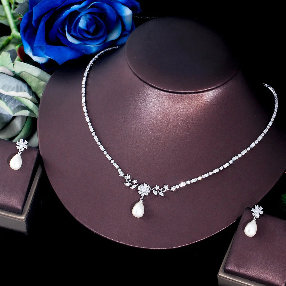 ThreeGraces Shining Cubic Zirconia Silver Color Simulated Pearl Earrings Necklace Fashion Flower CZ Jewelry Set for Women TZ839